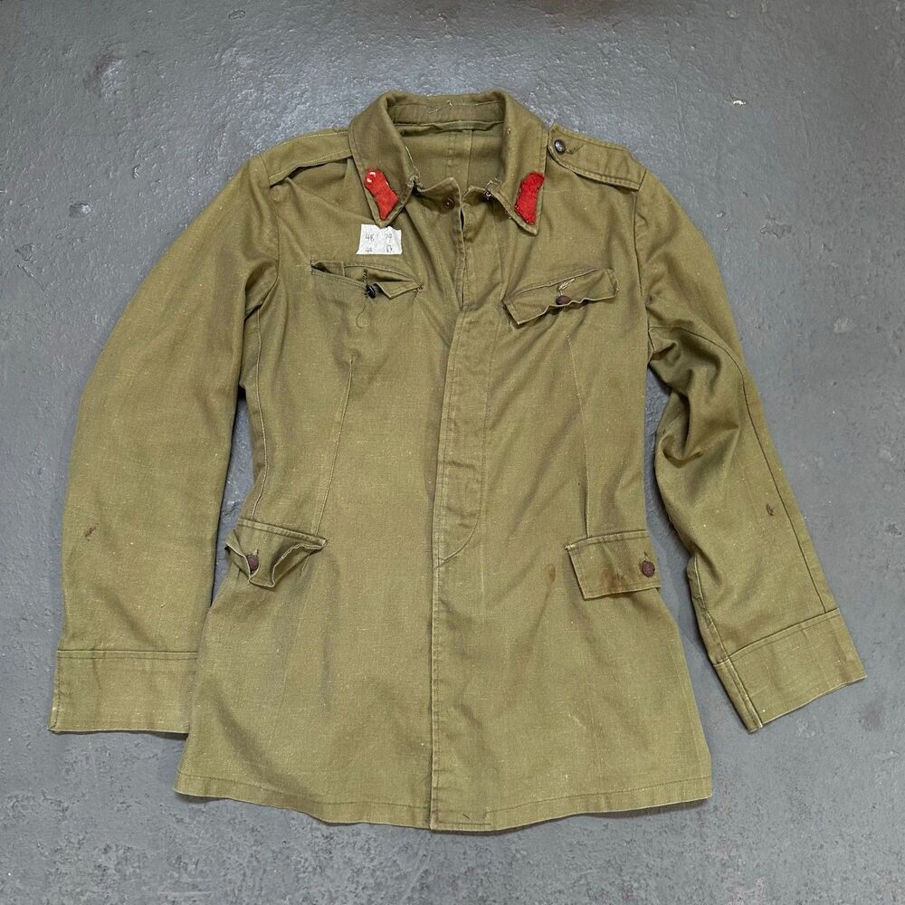 Olive Field Jacket Red Collar Tabs Four Pockets Distressed